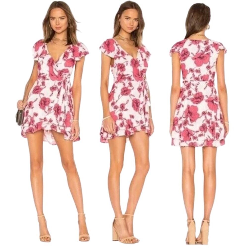 Free People French Quarter Floral Wrap Mini Dress Women's XS White Pink Ruffles